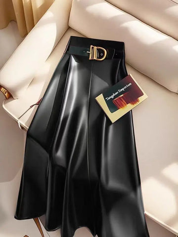 Women's A-Line Fashion S-3XL Designer PU Leather Skirts (Midi)-Women's Fashion Designer Skirts-Women's fashion designer plus size clothes